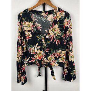 Roxy Black Floral Winter Garden Cropped Long Sleeve Tie Front‎ Top Size Small